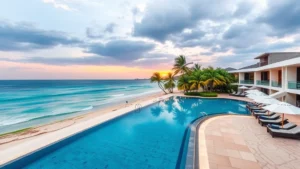 Luxury beachfront resort in Phuket with infinity pool overlooking turquoise Andaman Sea, modern architecture, white umbrellas on sandy beach, tropical palm trees, crystal clear water, sunset lighting, no text or signage visible