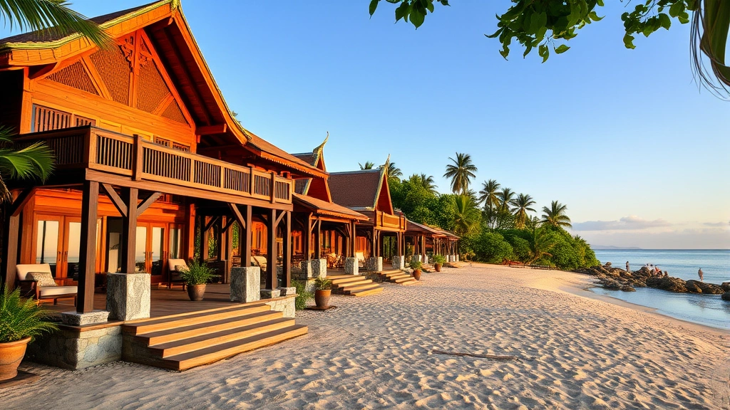 Traditional Thai beachfront property with local architecture style, wooden pavilions, natural stone features, beach cabanas, calm beach cove with few people, lush tropical vegetation, golden hour lighting, no visible text or numbers