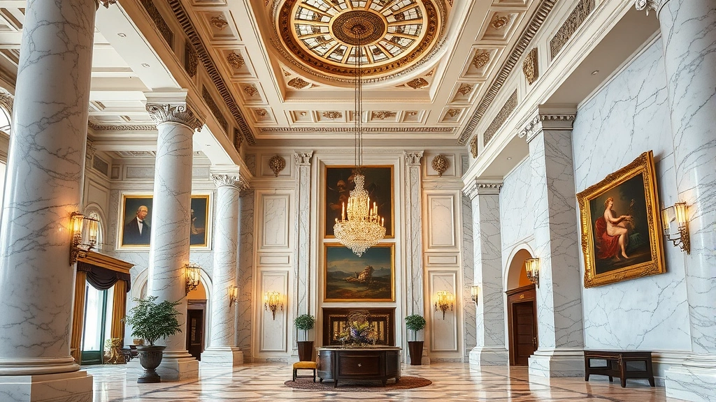 Elegant hotel lobby with marble columns, ornate ceiling details, and classical paintings in gilded frames, showcasing refined architectural elements and artistic grandeur