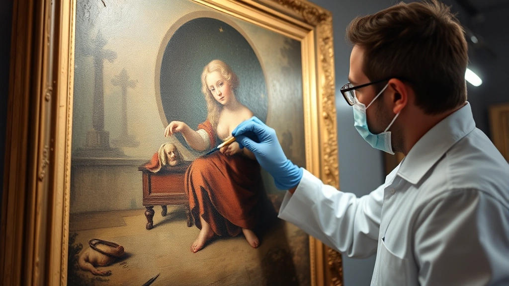 Professional art conservator carefully examining and restoring a classical painting in museum-quality lighting and climate-controlled environment, demonstrating conservation expertise