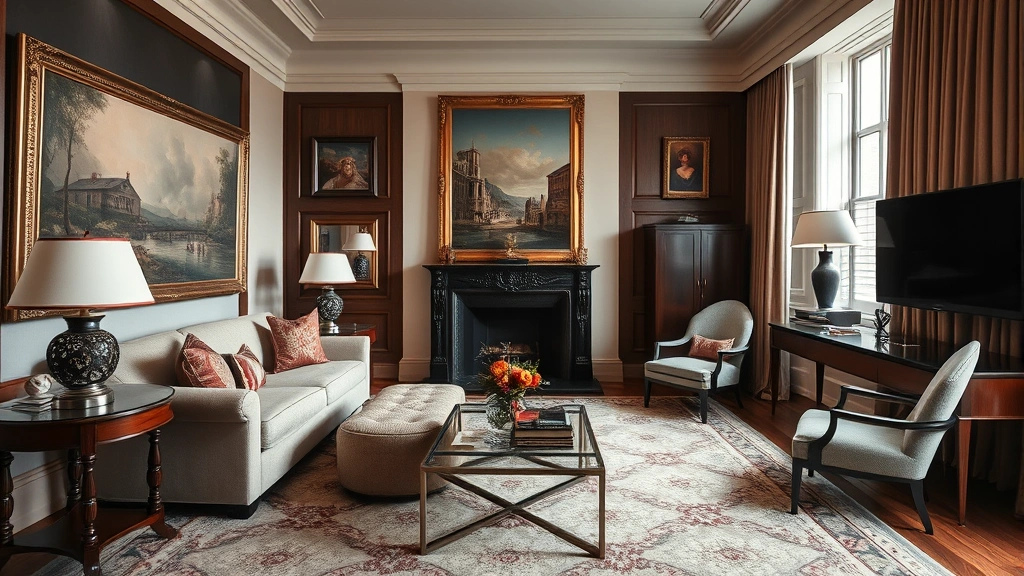 Luxurious hotel suite featuring museum-quality artwork, fine decorative objects, and elegant furnishings arranged to create a sophisticated cultural environment for guests