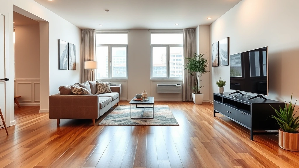 Modern apartment living room with comfortable seating, natural light from windows, clean hardwood flooring, and neutral wall colors. Shows a well-maintained residential interior space without any text, signs, or identifying information visible.