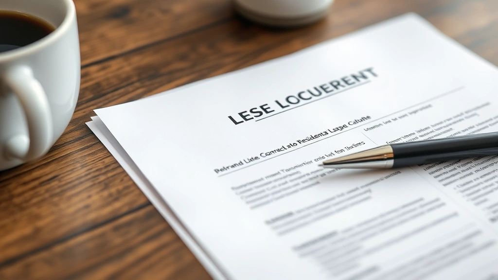 Close-up of a residential lease document and pen on a wooden table with coffee cup nearby, showing pages of a contract. Image focuses on the paperwork without displaying specific text or sensitive information clearly.