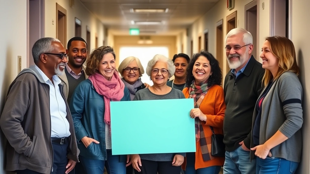Diverse group of residents standing together in a community building hallway or common area, smiling and conversing. Represents tenant community, cooperation, and collective action for housing rights without identifying individuals.