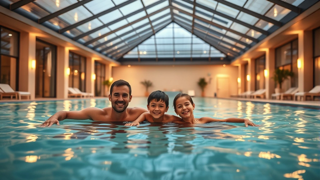 Family enjoying indoor heated swimming pool at hotel with modern glass ceiling, warm ambient lighting, clean water, comfortable pool deck area