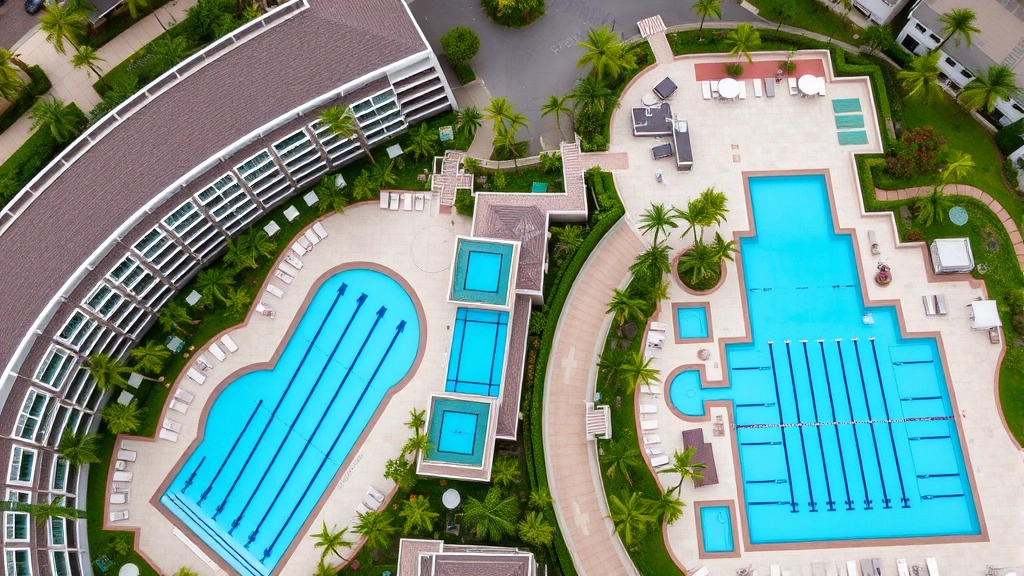 Aerial view of upscale hotel property featuring multiple pools including lap pool and leisure pool, landscaped grounds, guest areas, tropical resort setting