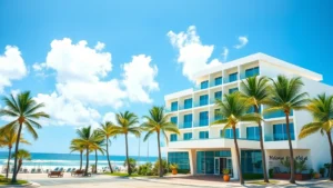 Modern beachfront hotel exterior with palm trees and ocean view, showing clean architectural design and welcoming entrance area, bright sunny day with blue sky and white clouds, no visible text or signage
