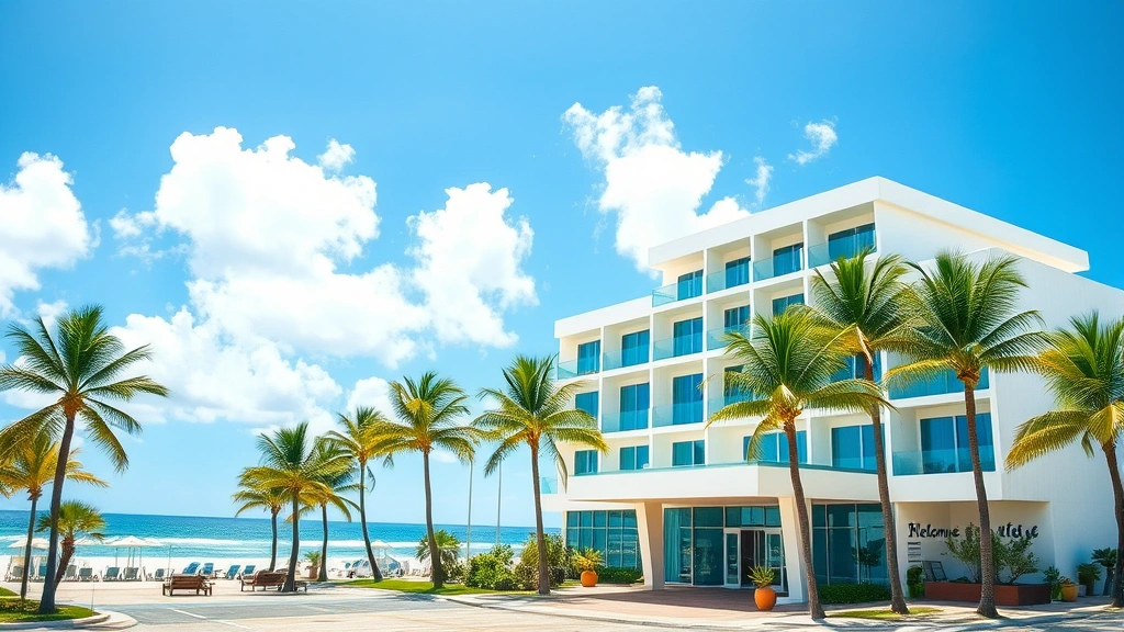 Modern beachfront hotel exterior with palm trees and ocean view, showing clean architectural design and welcoming entrance area, bright sunny day with blue sky and white clouds, no visible text or signage