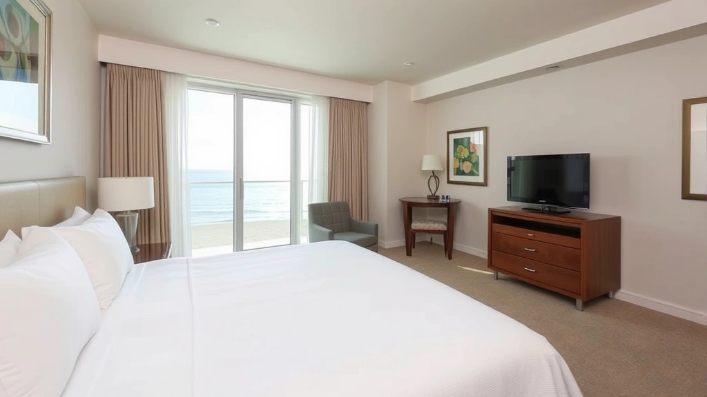 Comfortable hotel room interior with queen bed, ocean view window, modern furnishings, neutral color palette, natural daylight streaming through windows, inviting and clean space, no visible room numbers or identifying markers