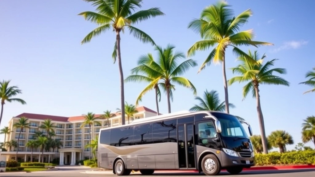 Shuttle bus or coach vehicle in front of a hotel property with palm trees, showing professional transportation service, tropical setting, clear day, no visible destination signs or route numbers on vehicle