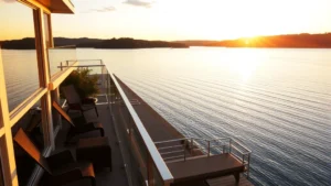 Serene waterfront hotel balcony overlooking calm lake waters at sunset, comfortable lounge chairs visible, modern glass railing, natural golden hour lighting reflecting on water surface