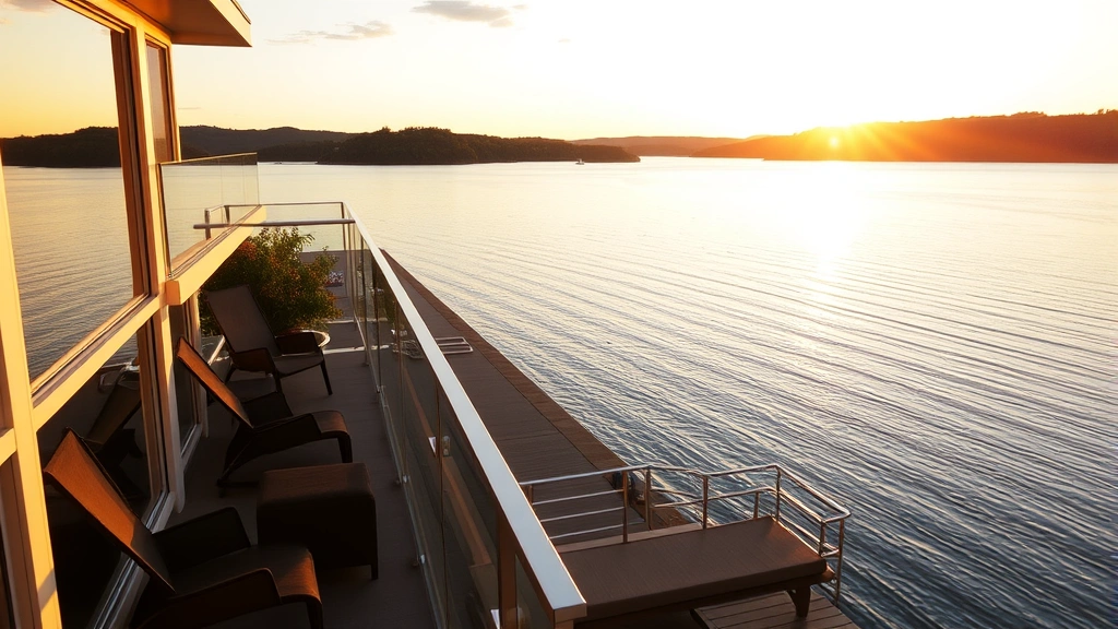 Serene waterfront hotel balcony overlooking calm lake waters at sunset, comfortable lounge chairs visible, modern glass railing, natural golden hour lighting reflecting on water surface