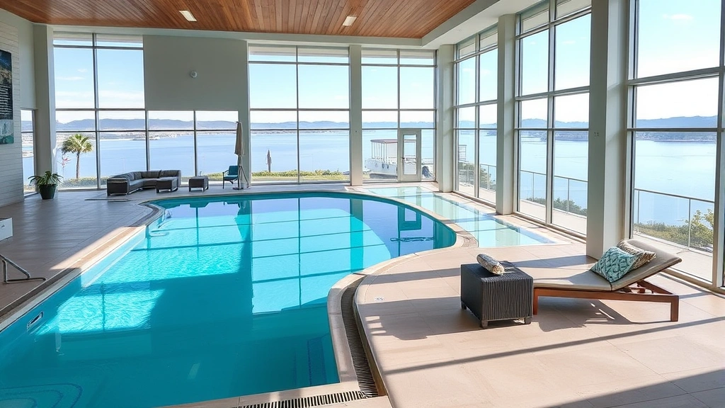 Contemporary hotel pool area with indoor-outdoor design, blue water inviting, comfortable lounging spaces around deck, large windows showing lake views in background, clean and modern aesthetic