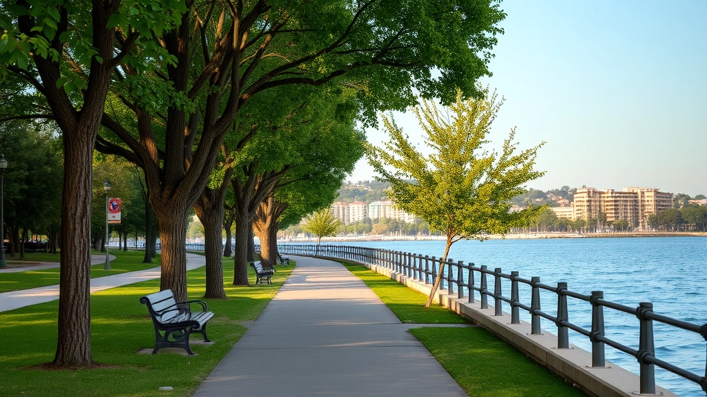 Waterfront promenade pathway lined with trees and benches, lake visible beyond, peaceful walking trail, natural lighting, nobody present, residential and hotel buildings visible in distance
