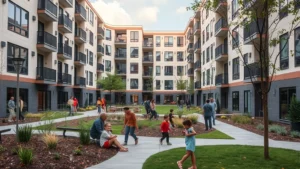 Modern public housing apartment complex with family residents in outdoor community space, children playing near landscaped areas, residential neighborhood setting with mixed-age community members