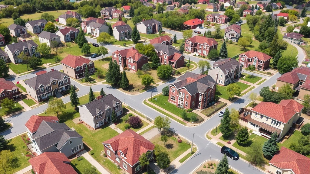 Mixed-income residential community with diverse housing types, green spaces, and community amenities, showing integration of affordable and market-rate housing