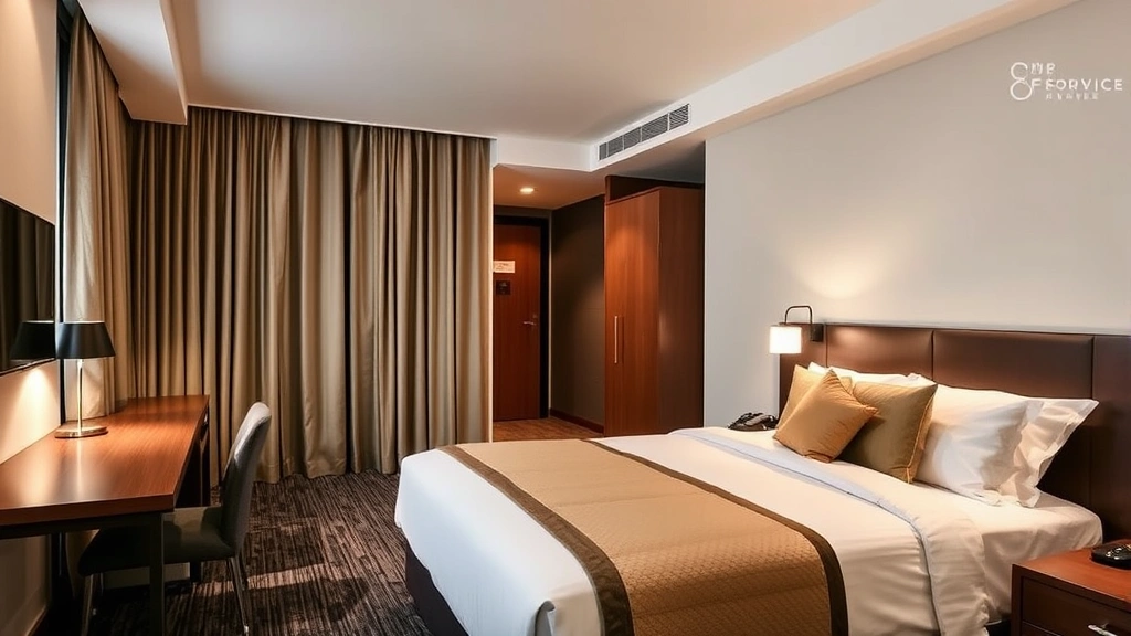 Modern hotel room interior with contemporary furnishings, neatly made bed with quality linens, desk area, and warm ambient lighting reflecting mid-range accommodation standards