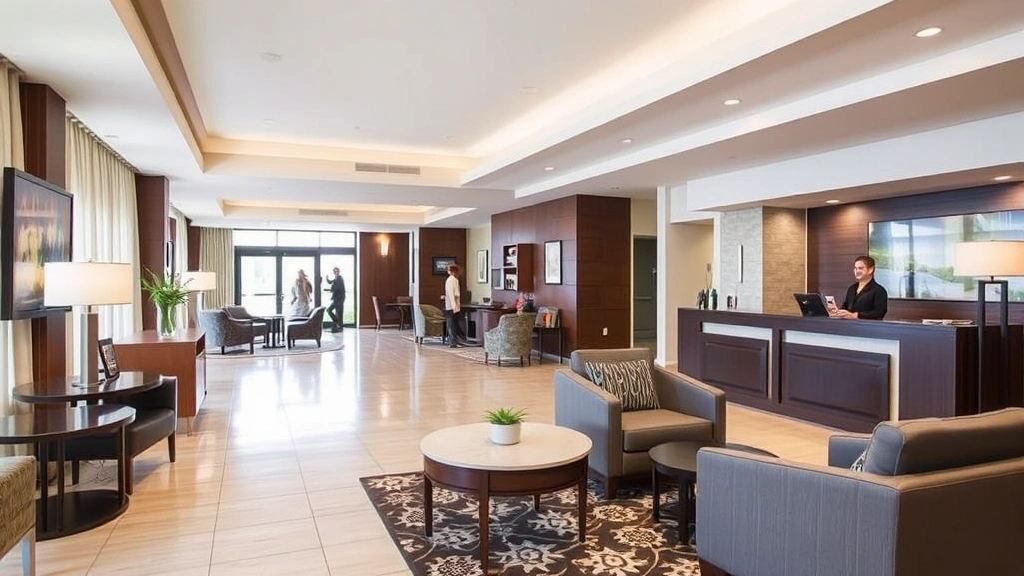 Hotel lobby or common area with comfortable seating, professional reception desk, modern décor, and guests checking in or relaxing in a welcoming hospitality environment