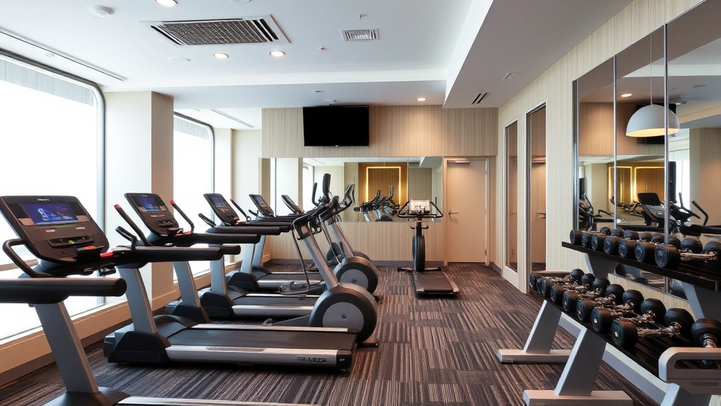Hotel fitness center or gym with cardio equipment and free weights, bright lighting, clean mirrors, and modern facilities supporting guest wellness activities
