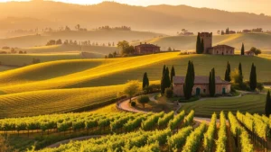 Rustic Tuscan countryside landscape with rolling vineyards, cypress trees, and stone farmhouses under golden afternoon light, photorealistic, no text or signage visible