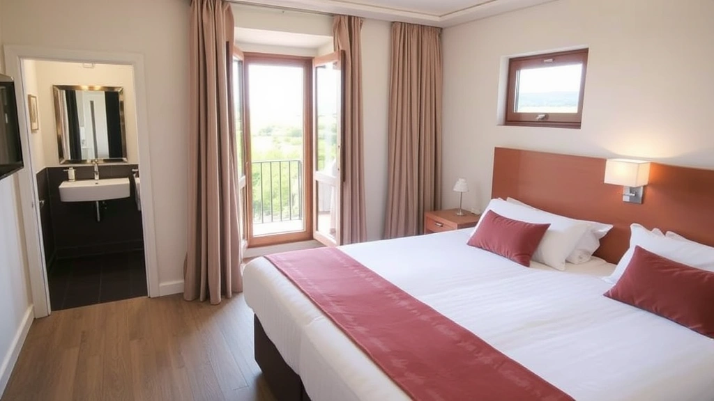 Modern hotel room interior with comfortable bed, contemporary bathroom visible through doorway, windows showing Chianti countryside views, clean and well-lit, no visible room numbers or identifying text