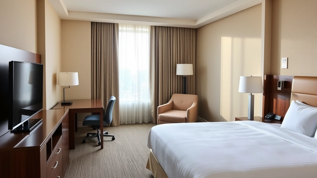 Modern hotel guest room with king bed, work desk, flat-screen TV, and neutral beige décor; bright natural light from window showing daytime sky