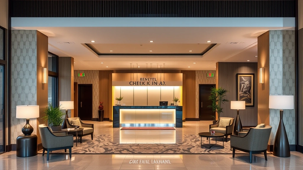 Hotel lobby entrance with check-in desk area, comfortable seating, and contemporary furniture; professional business atmosphere; warm neutral lighting