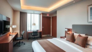 Modern hotel room interior with comfortable bed, work desk, flat-screen TV, and clean contemporary décor in warm neutral tones, professional business travel setting