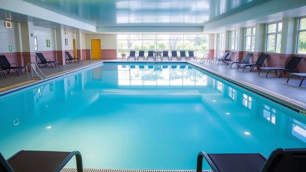 Bright indoor heated swimming pool with clear blue water, comfortable lounge chairs surrounding the pool area, hotel corridors visible in background, family-friendly atmosphere