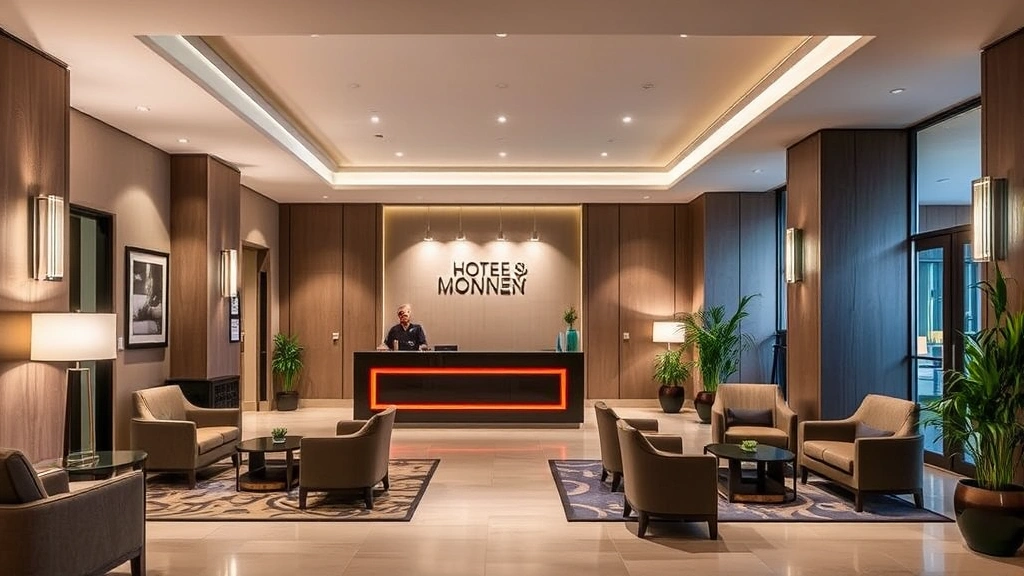 Hotel lobby entrance with professional front desk, comfortable seating areas, modern lighting fixtures, welcoming atmosphere with neutral décor and clean flooring