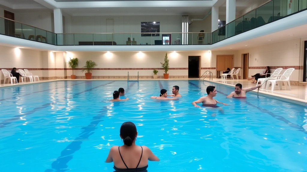 Indoor hotel swimming pool with blue water, lounge chairs nearby, and modern tiling. Guests relaxing poolside in casual attire. Well-lit indoor facility with clean surroundings. No text visible.