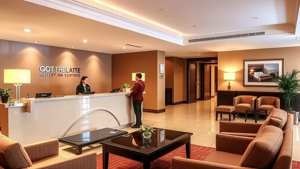 Hotel lobby reception area with clean desk, professional staff member assisting guest, modern décor, and comfortable seating area. Welcoming atmosphere with warm lighting. No visible room numbers or identifying text.