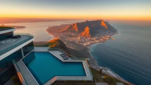 Aerial view of modern luxury hotel with infinity pool overlooking Cape Town's Table Mountain and Atlantic Ocean coastline during golden hour sunset