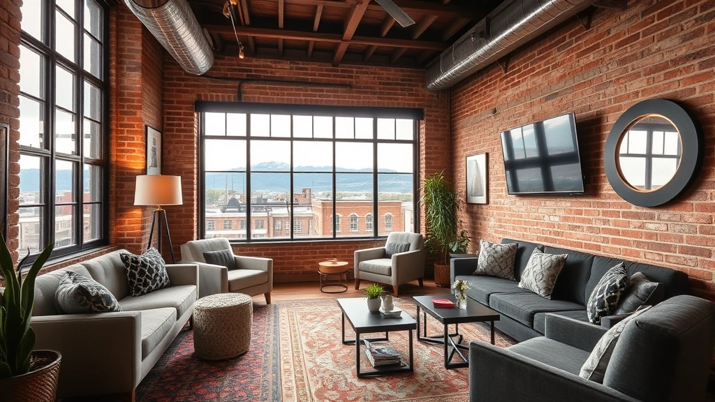 Cozy boutique hotel interior with locally-designed furnishings, exposed brick walls, and floor-to-ceiling windows showcasing mountain views in historic neighborhood setting