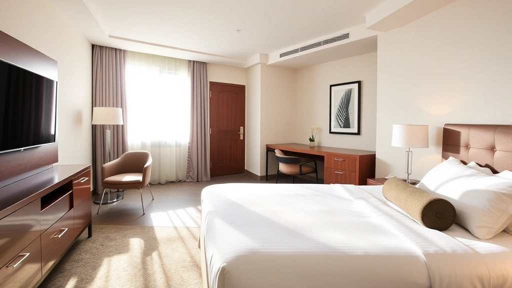 Modern hotel guest room with queen bed, flat-screen TV, and contemporary furniture in neutral tones, morning sunlight streaming through window, clean and well-organized space