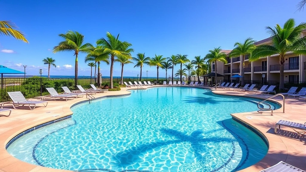 Sparkling resort swimming pool surrounded by lounge chairs and palm trees, clear blue water with shallow and deep sections, tropical Orlando setting with blue sky