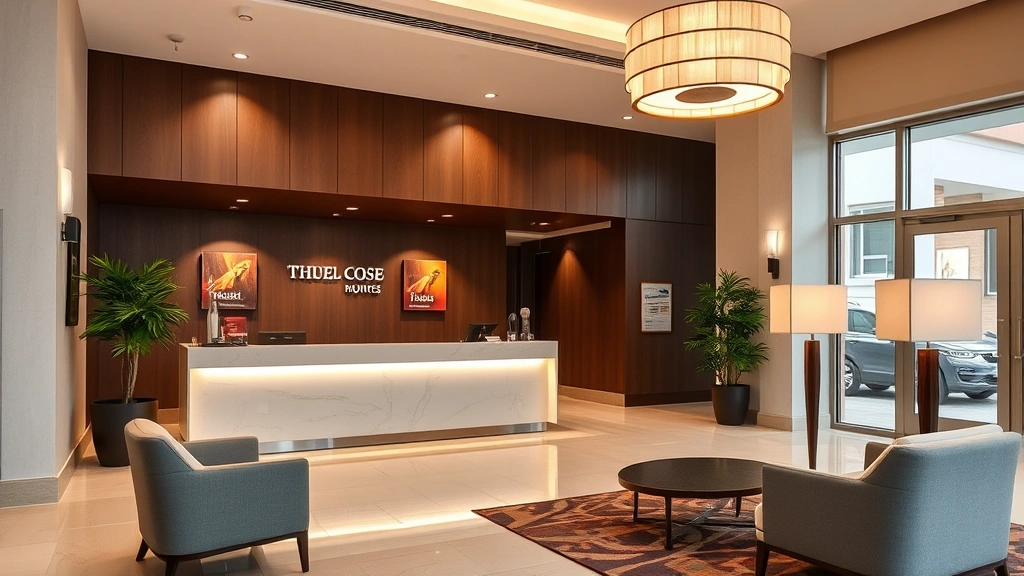 Hotel lobby entrance with check-in desk, comfortable seating area, modern lighting fixtures, and welcoming hospitality atmosphere, professional and clean environment