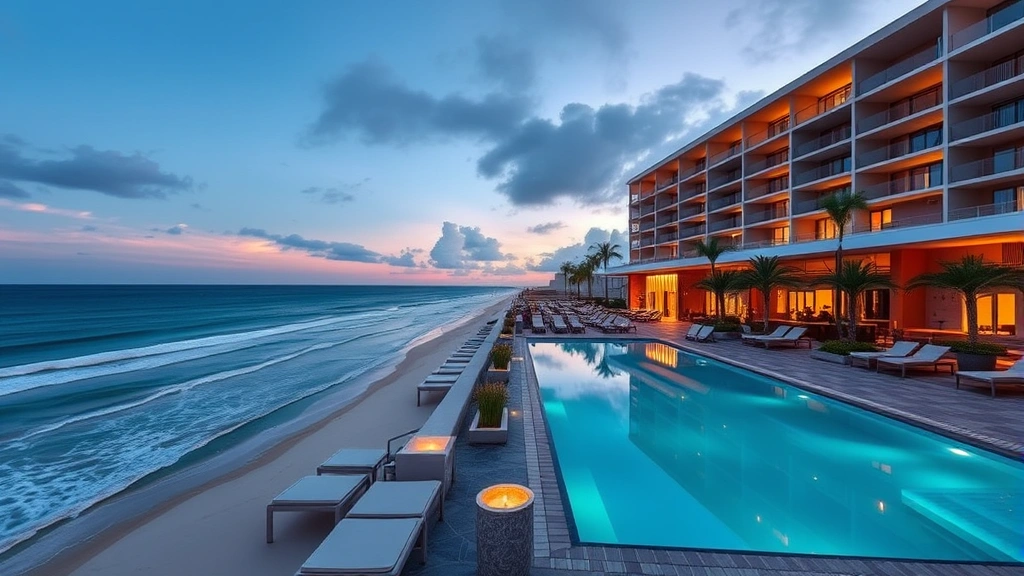 Luxury oceanfront hotel with private beach access, modern architecture, infinity pool overlooking Atlantic Ocean, sunset lighting, no text or signage visible