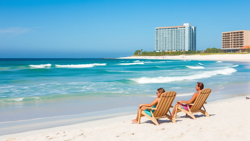 Family enjoying beach chairs on sandy oceanfront property, calm ocean waves, blue sky, hotel building visible in background, natural daytime lighting