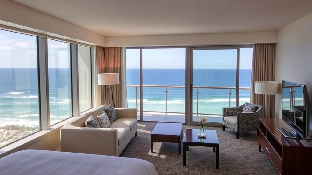 Oceanfront hotel room interior with floor-to-ceiling windows showing ocean view, modern furnishings, balcony with ocean vista, contemporary design, no identifying information
