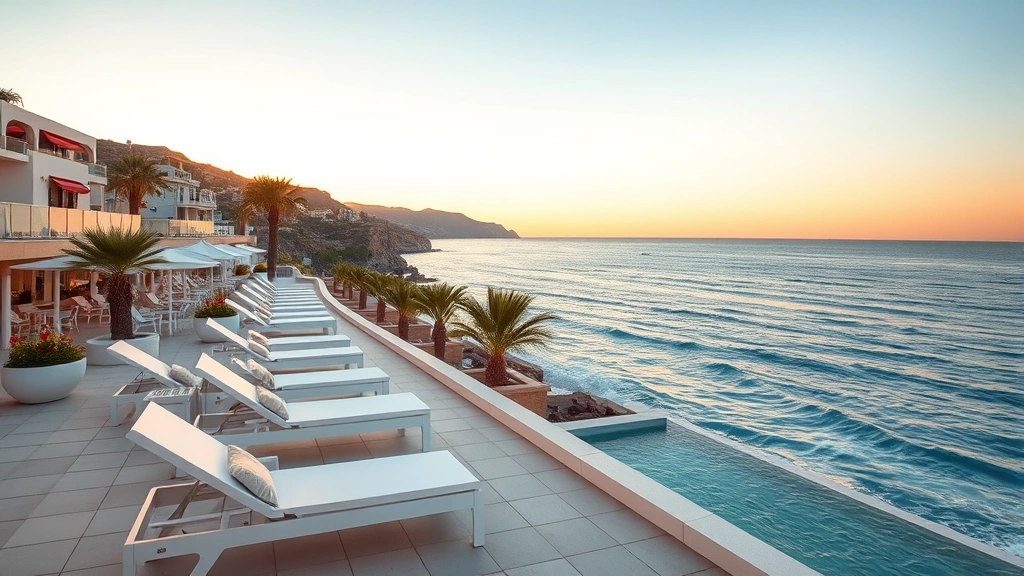 Beachfront Mediterranean hotel terrace with white loungers overlooking turquoise sea at sunset, palm trees visible, coastal cliff backdrop, golden hour lighting, no people visible, serene atmosphere