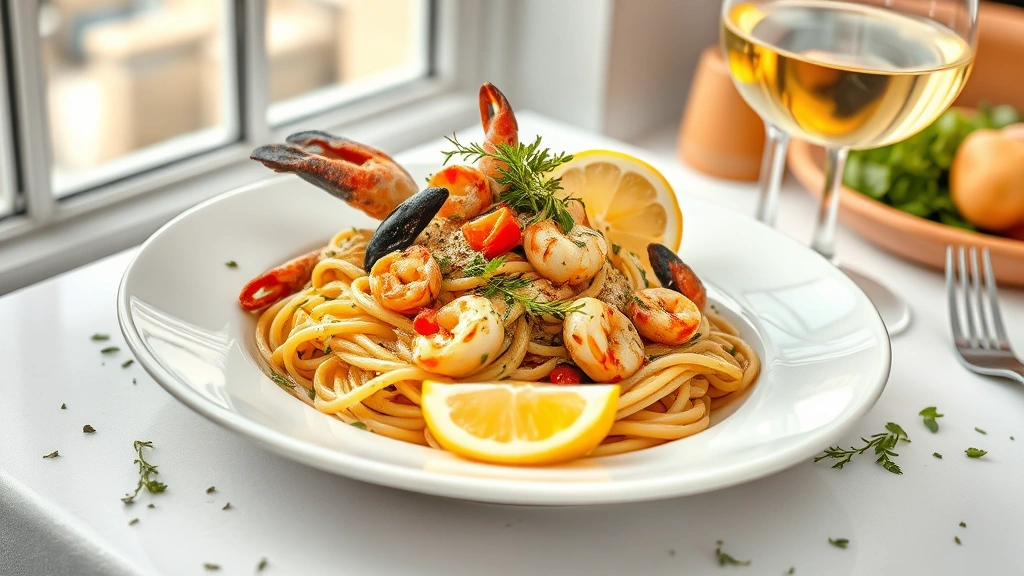 Rustic Italian seafood pasta dish on white plate with fresh lemon garnish, wine glass beside, Mediterranean herbs scattered, professional restaurant plating, natural window light, coastal ambiance