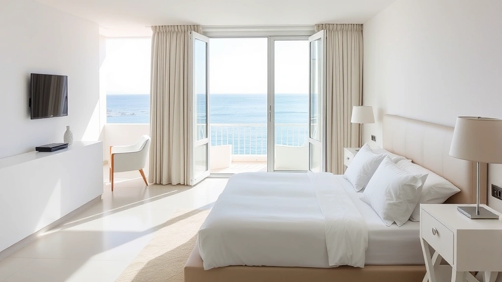 Modern hotel bedroom with ocean view balcony, white bedding, contemporary furniture, soft natural lighting through open glass doors, Mediterranean sea visible in distance, clean minimalist design, no people