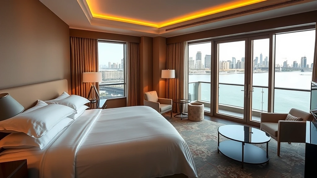 Luxurious modern hotel room with riverside window view, comfortable king bed with white linens, contemporary furniture, warm lighting, and city skyline visible through glass doors leading to balcony