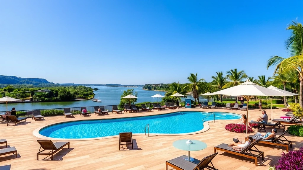 Resort-style outdoor swimming pool area with lounge chairs, umbrella shades, river views in background, clear blue water, tropical landscaping, and guests relaxing during sunny day