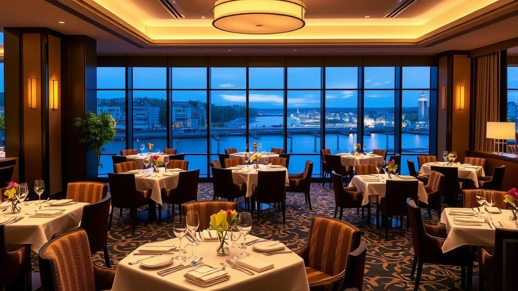 Upscale hotel restaurant dining area with floor-to-ceiling windows overlooking river, elegantly set tables with place settings, warm ambient lighting, contemporary decor, and sophisticated atmosphere