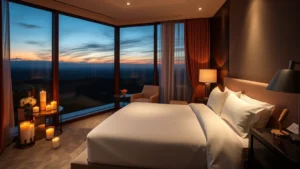 Luxurious bedroom with soft lighting, elegant bedding, candles, and a large window overlooking a scenic landscape at sunset, professional hotel photography style