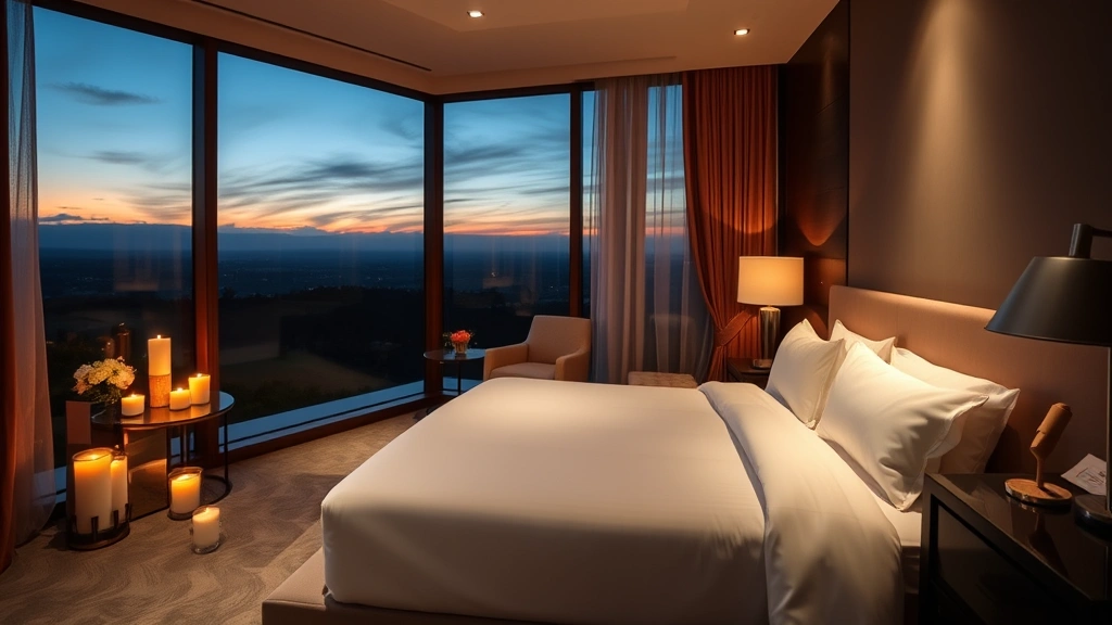 Luxurious bedroom with soft lighting, elegant bedding, candles, and a large window overlooking a scenic landscape at sunset, professional hotel photography style