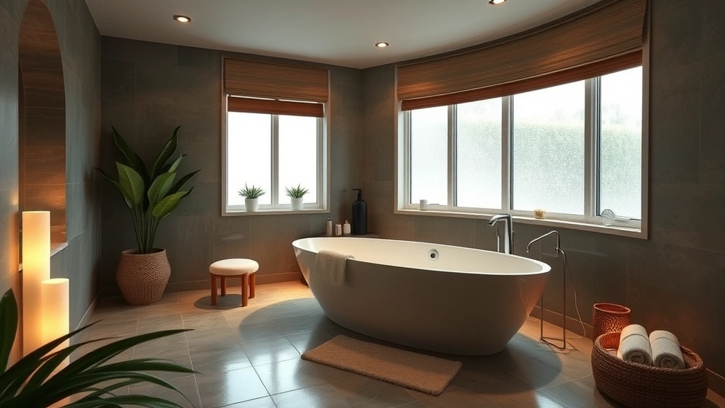 Spa bathroom featuring a freestanding soaking tub positioned near windows, soft ambient lighting, rolled towels, and natural plants creating a serene wellness environment