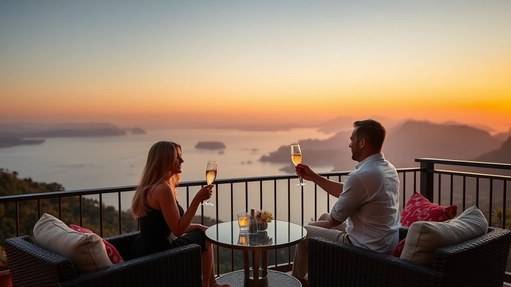 Couples enjoying champagne on a private balcony overlooking mountains or ocean during golden hour, romantic atmosphere with comfortable seating and natural beauty